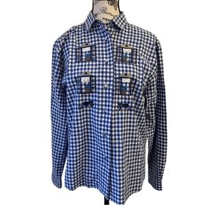 Perosimo Made In Italy Women’s Blouse Size 44 EU(12US) Embroidered.Blue & White